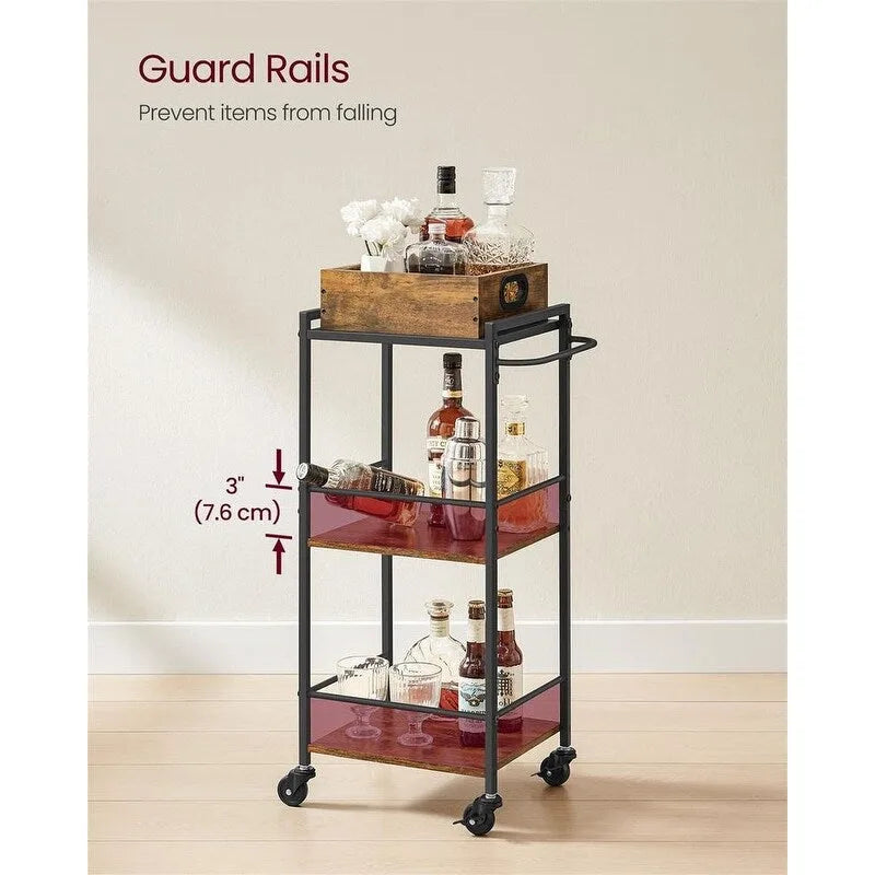 Rustic Brown Black Industrial Bar Cart with Removable Tray 3-Tier Storage and Lockable Wheels