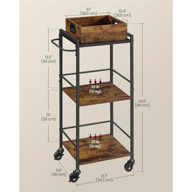 Rustic Brown Black Industrial Bar Cart with Removable Tray 3-Tier Storage and Lockable Wheels
