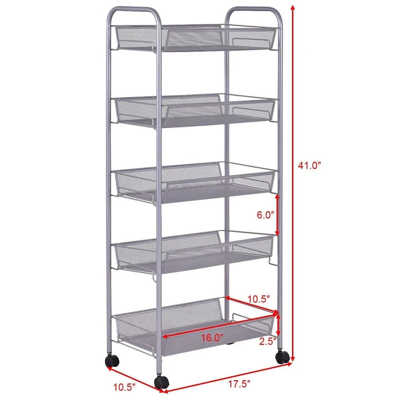 5 Tier Storage Rack Trolley Cart With Four 360 Degree Swivel Wheels - 17.5 x 10.5 x 41 (L x W x H)