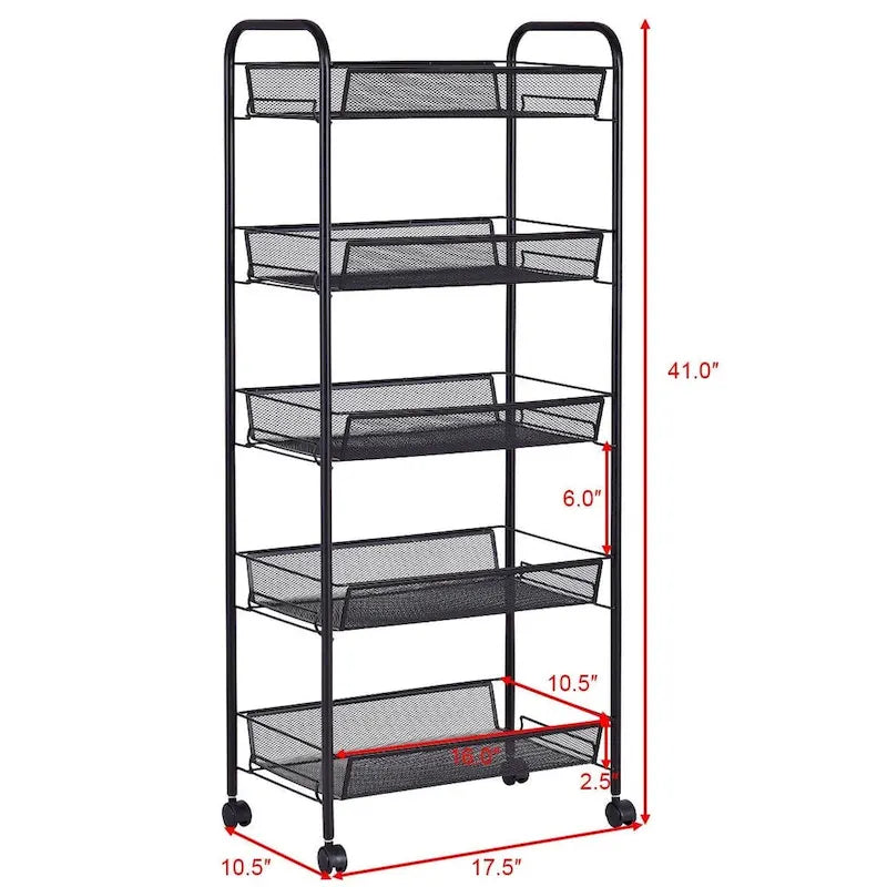 5 Tier Storage Rack Trolley Cart With Four 360 Degree Swivel Wheels - 17.5 x 10.5 x 41 (L x W x H)