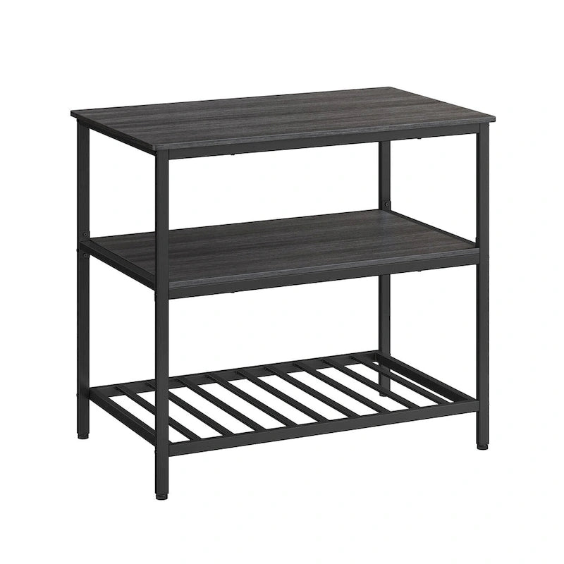 Black Metal Kitchen Shelf with Large Wooden Worktop and Adjustable Storage Racks