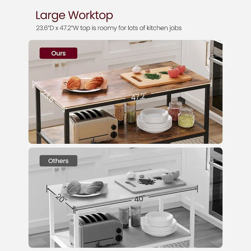 Black Metal Kitchen Shelf with Large Wooden Worktop and Adjustable Storage Racks