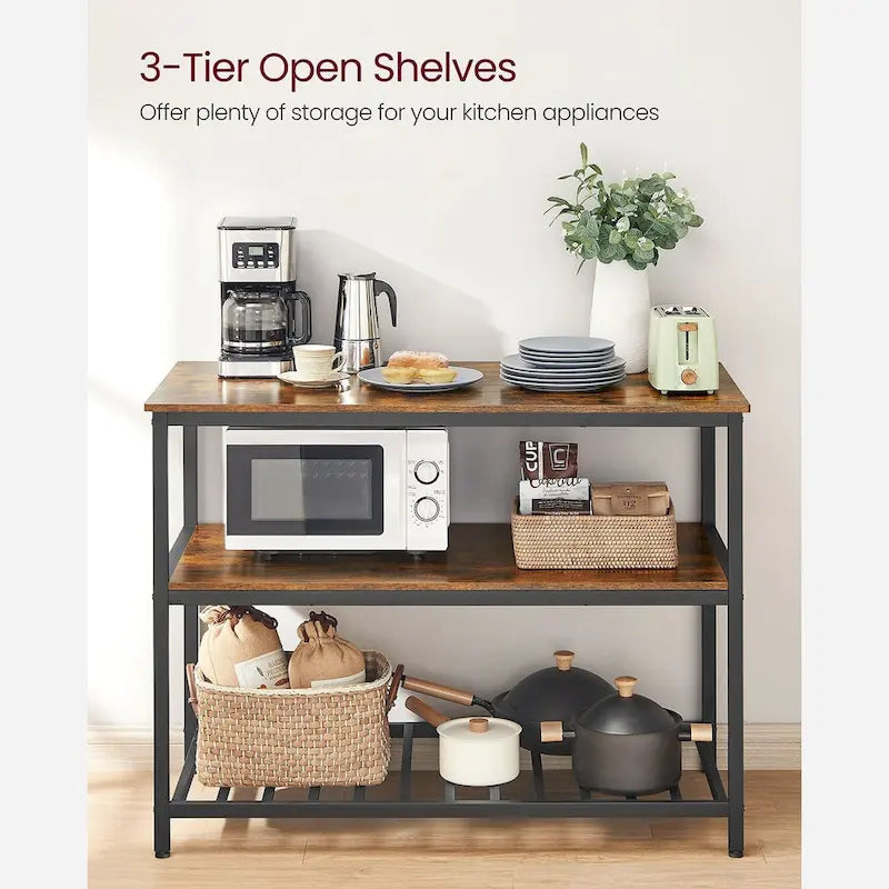 Black Metal Kitchen Shelf with Large Wooden Worktop and Adjustable Storage Racks