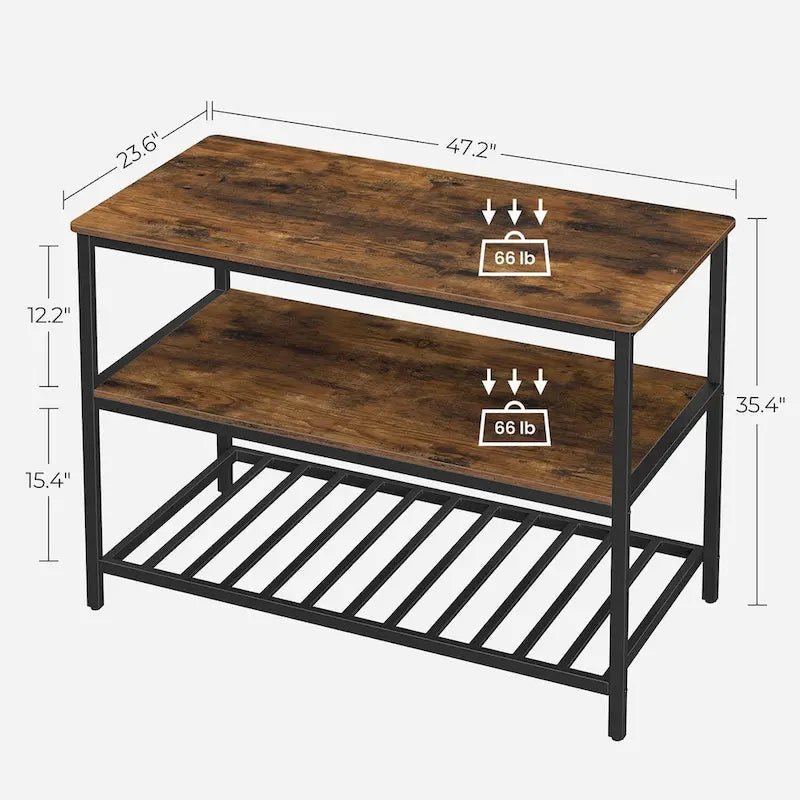 Black Metal Kitchen Shelf with Large Wooden Worktop and Adjustable Storage Racks