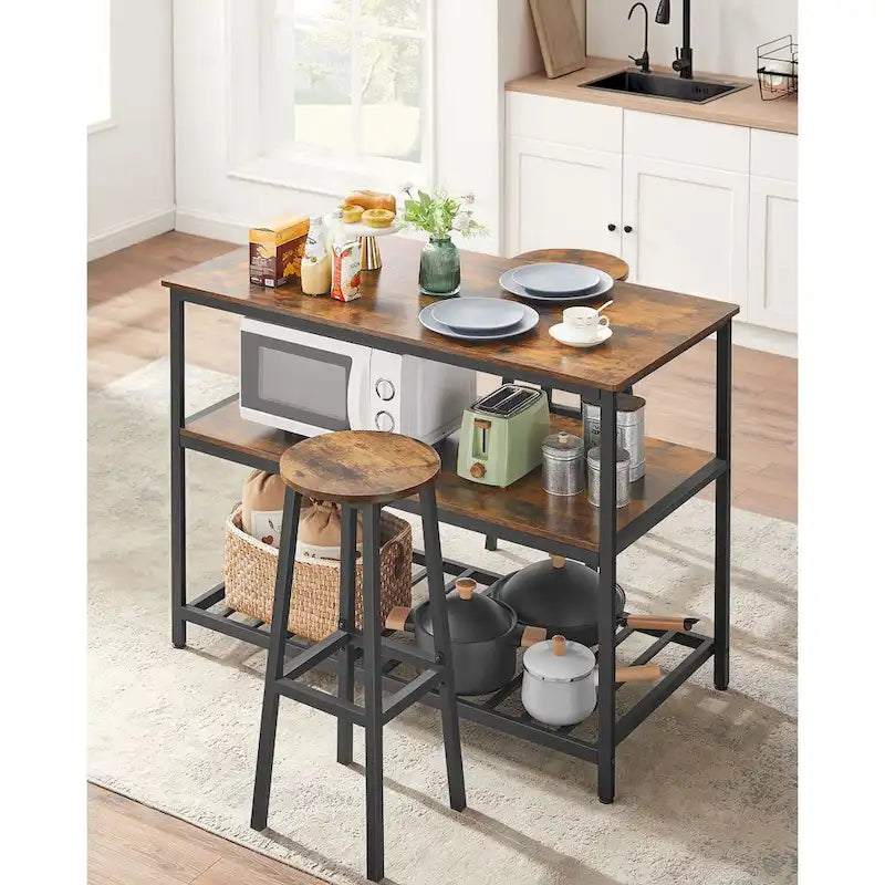 Black Metal Kitchen Shelf with Large Wooden Worktop and Adjustable Storage Racks