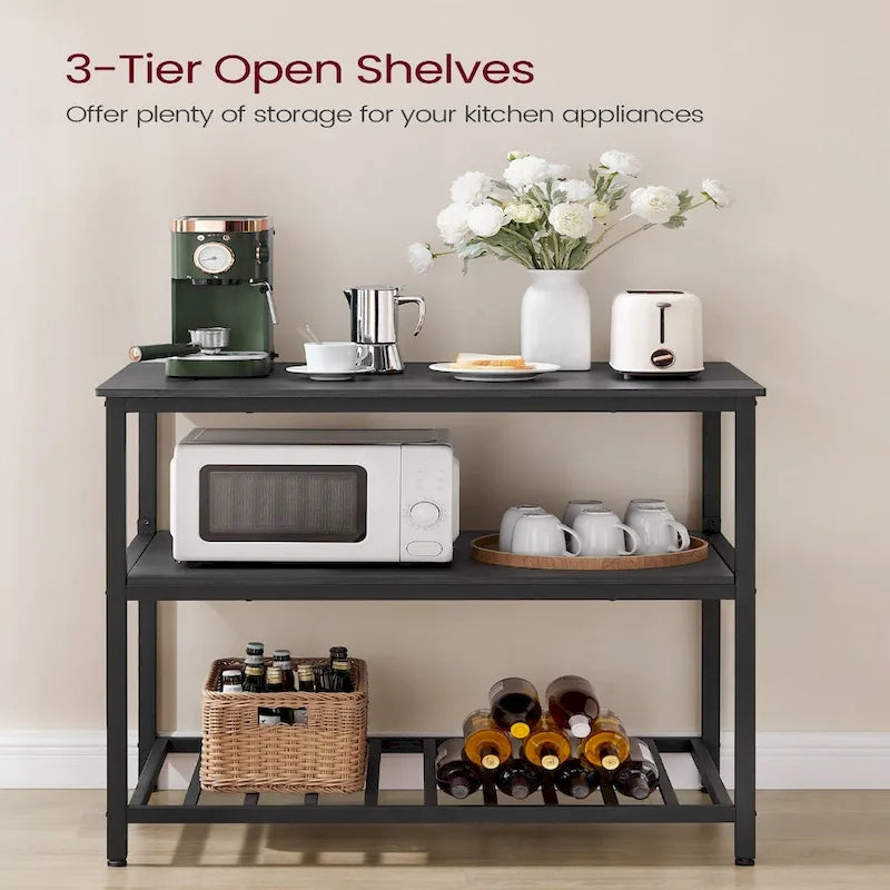 Black Metal Kitchen Shelf with Large Wooden Worktop and Adjustable Storage Racks