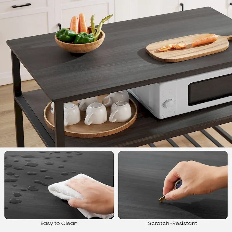 Black Metal Kitchen Shelf with Large Wooden Worktop and Adjustable Storage Racks