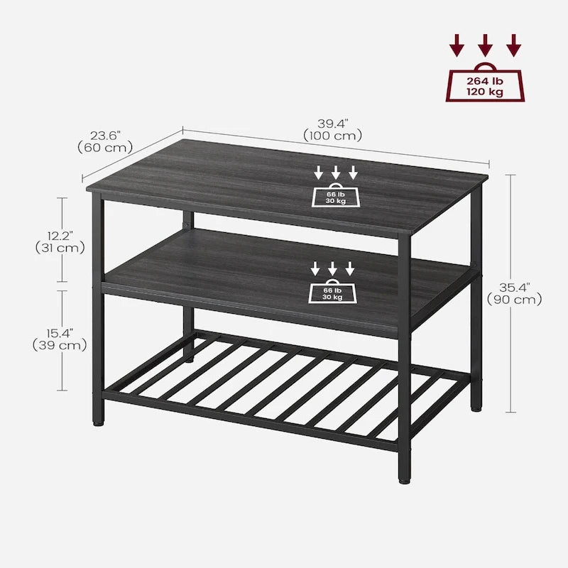 Black Metal Kitchen Shelf with Large Wooden Worktop and Adjustable Storage Racks