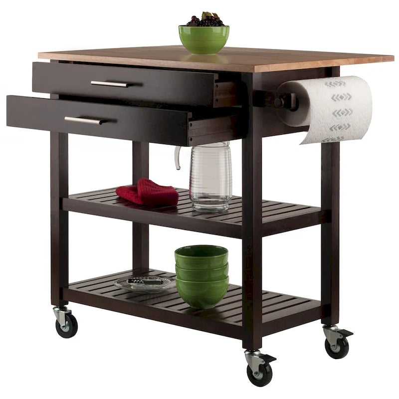 Langdon Kitchen Cart, Drop Leaf, Cappuccino and Natural - 36.57 x 26.42 x 34.45 inches