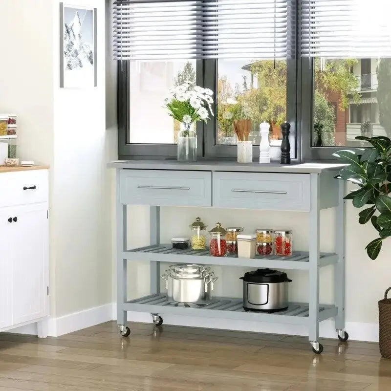 Light Gray Rolling Kitchen Island 2 Drawers Storage with Stainless Steel Top - 47.25 inches L x 19.75 inches W x 36 inches H