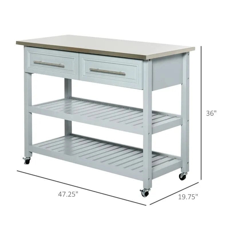Light Gray Rolling Kitchen Island 2 Drawers Storage with Stainless Steel Top - 47.25 inches L x 19.75 inches W x 36 inches H