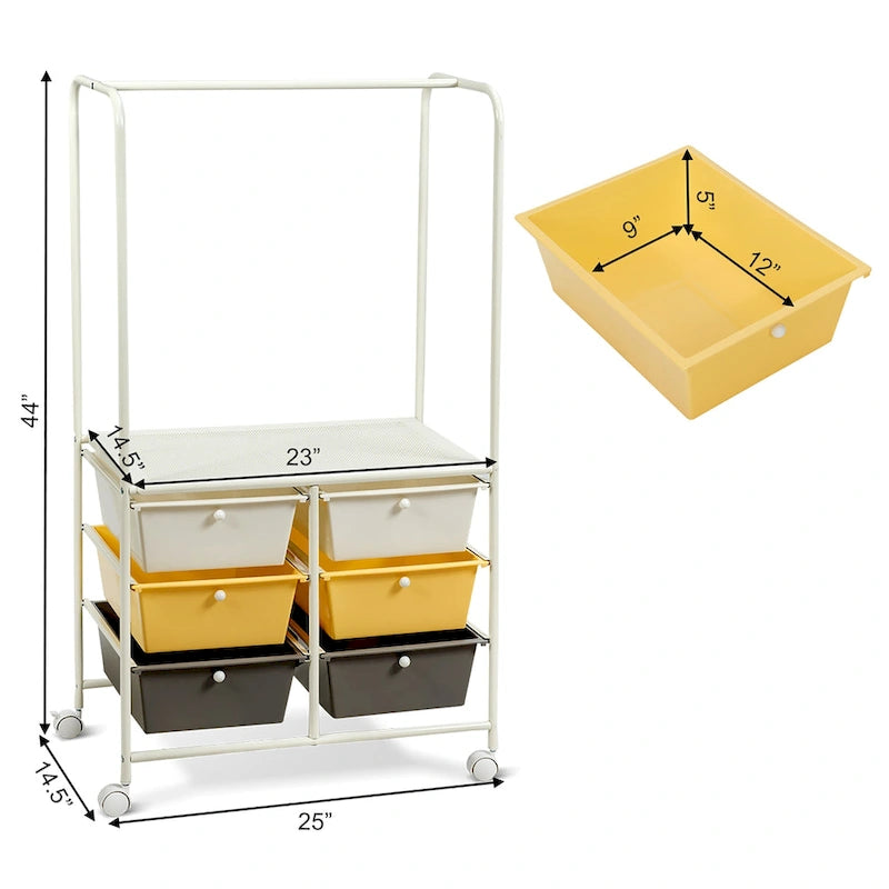 Costway 6 Drawer Rolling Storage Cart w/Hanging Bar Office School - 25 x 14.5 x 44