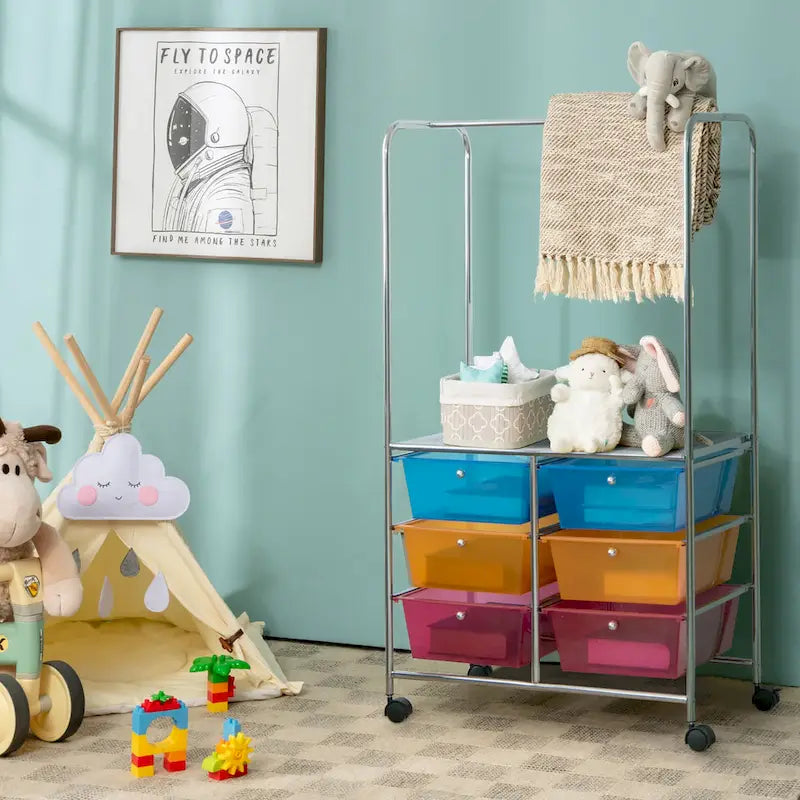 Costway 6 Drawer Rolling Storage Cart w/Hanging Bar Office School - 25 x 14.5 x 44