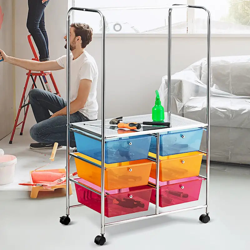 Costway 6 Drawer Rolling Storage Cart w/Hanging Bar Office School - 25 x 14.5 x 44