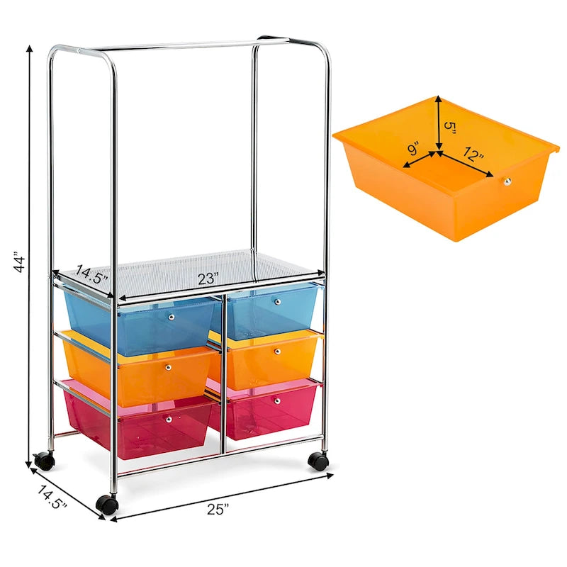 Costway 6 Drawer Rolling Storage Cart w/Hanging Bar Office School - 25 x 14.5 x 44
