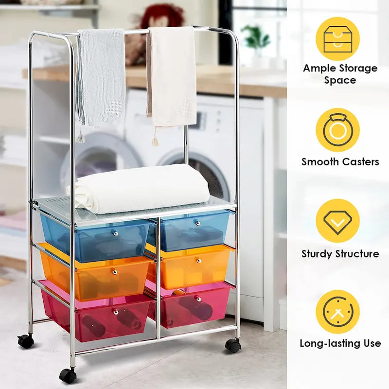 Costway 6 Drawer Rolling Storage Cart w/Hanging Bar Office School - 25 x 14.5 x 44