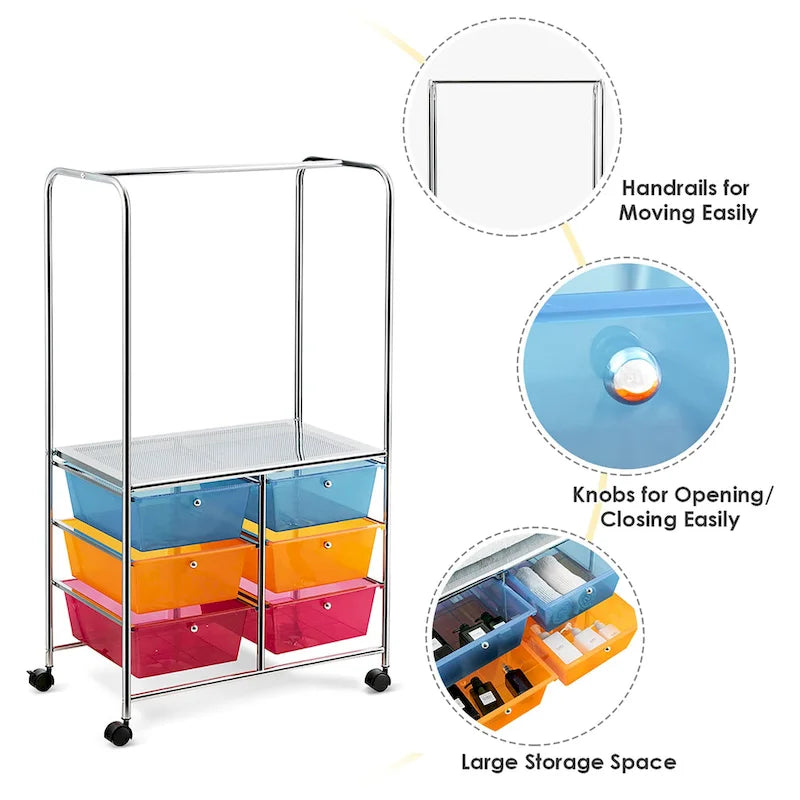 Costway 6 Drawer Rolling Storage Cart w/Hanging Bar Office School - 25 x 14.5 x 44
