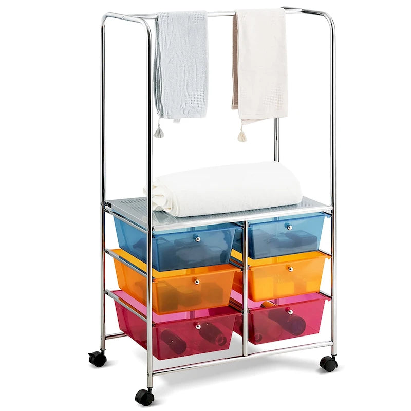 Costway 6 Drawer Rolling Storage Cart w/Hanging Bar Office School - 25 x 14.5 x 44