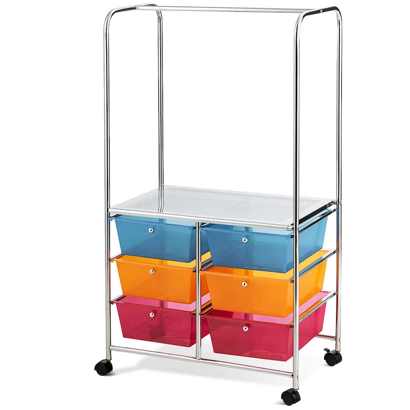 Costway 6 Drawer Rolling Storage Cart w/Hanging Bar Office School - 25 x 14.5 x 44