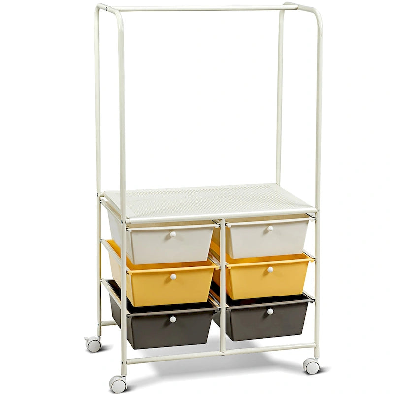 Costway 6 Drawer Rolling Storage Cart w/Hanging Bar Office School - 25 x 14.5 x 44