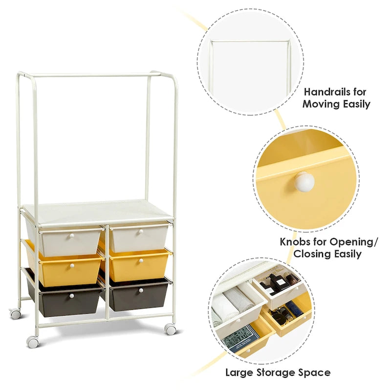 Costway 6 Drawer Rolling Storage Cart w/Hanging Bar Office School - 25 x 14.5 x 44