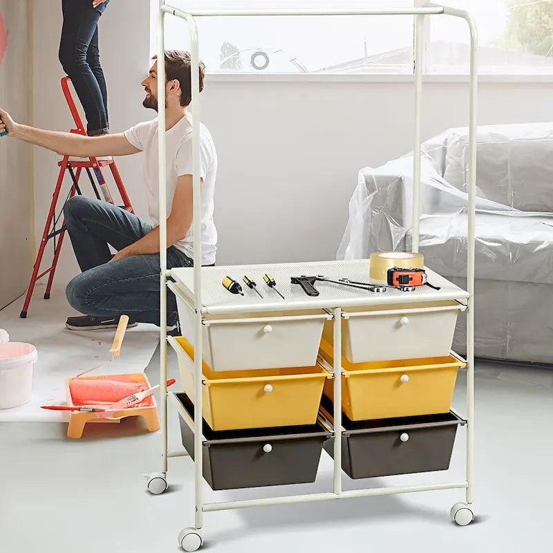 Costway 6 Drawer Rolling Storage Cart w/Hanging Bar Office School - 25 x 14.5 x 44