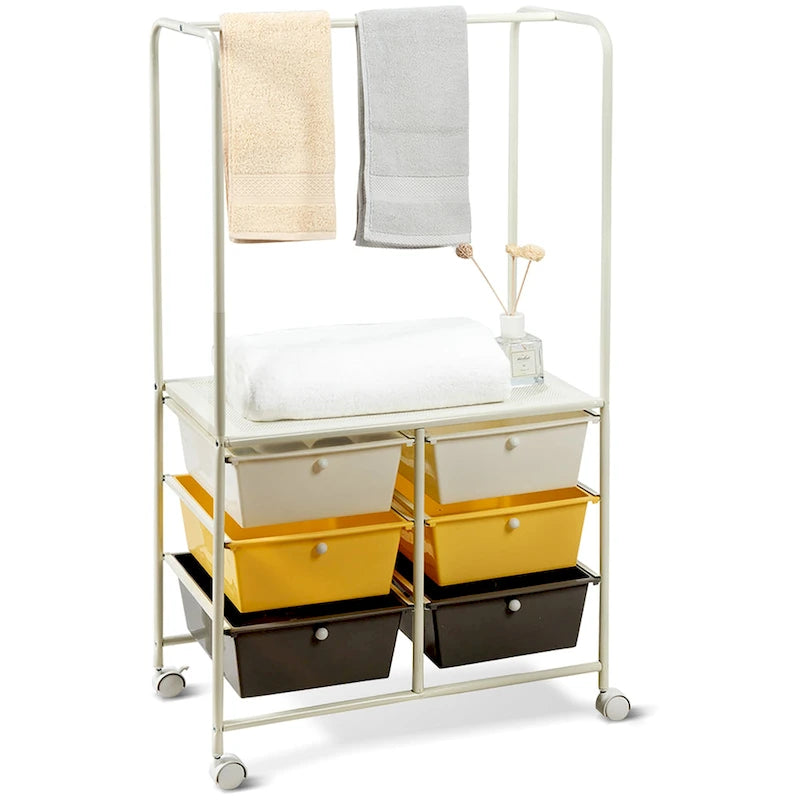 Costway 6 Drawer Rolling Storage Cart w/Hanging Bar Office School - 25 x 14.5 x 44