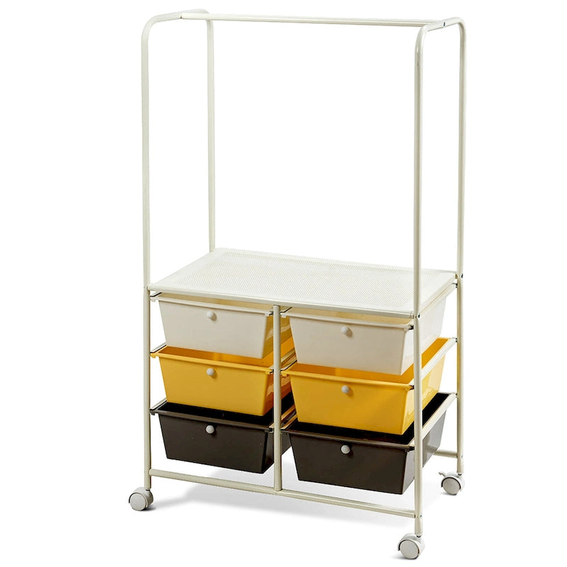 Costway 6 Drawer Rolling Storage Cart w/Hanging Bar Office School - 25 x 14.5 x 44