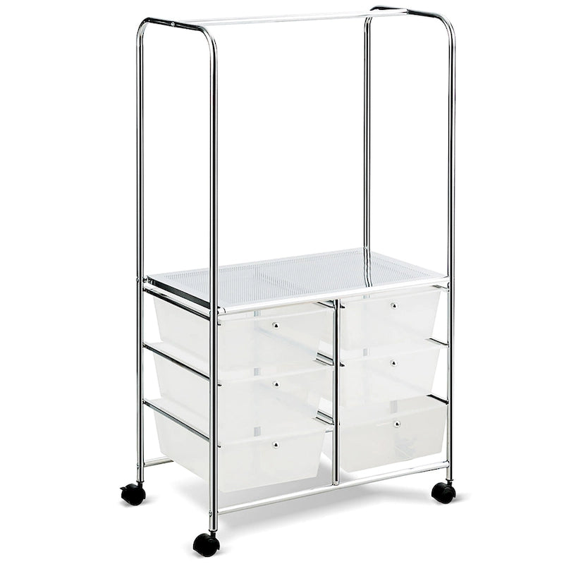 Costway 6 Drawer Rolling Storage Cart w/Hanging Bar Office School - 25 x 14.5 x 44