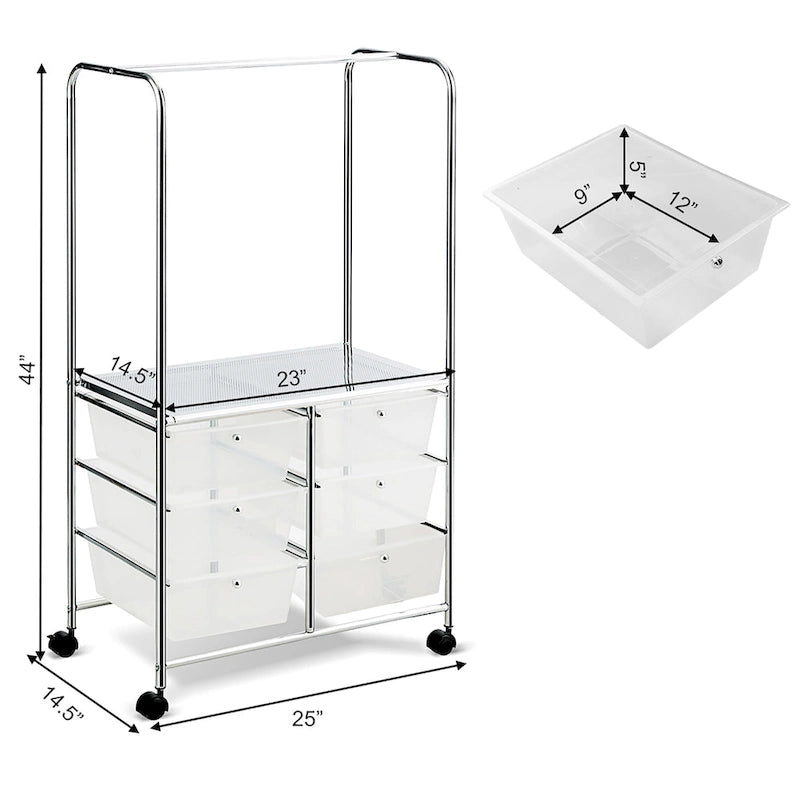 Costway 6 Drawer Rolling Storage Cart w/Hanging Bar Office School - 25 x 14.5 x 44