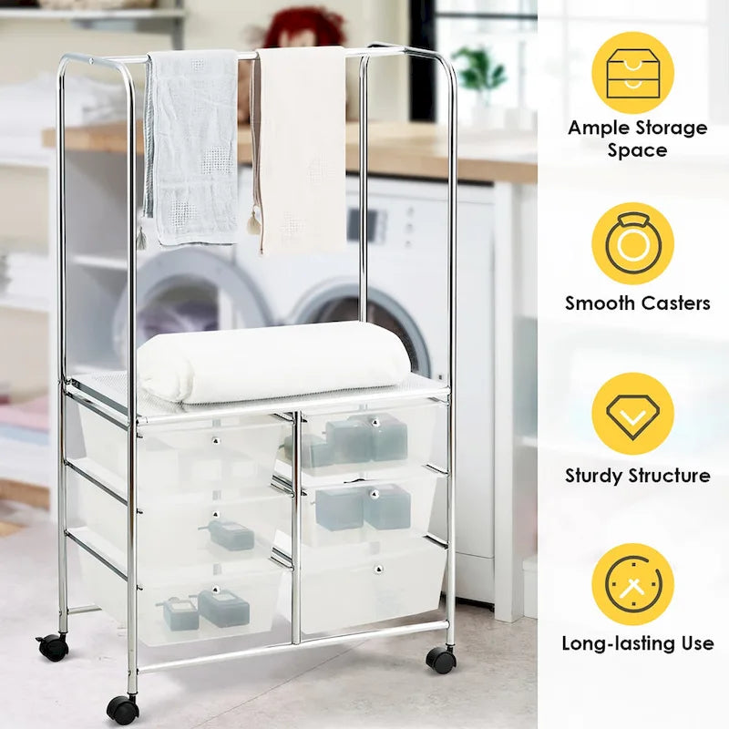 Costway 6 Drawer Rolling Storage Cart w/Hanging Bar Office School - 25 x 14.5 x 44