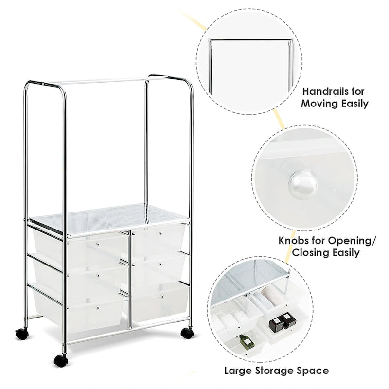 Costway 6 Drawer Rolling Storage Cart w/Hanging Bar Office School - 25 x 14.5 x 44
