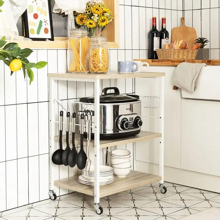 3-Tier Kitchen Baker's Rack Microwave Oven Storage Cart with Hooks - 23.5 x 16 x 29 (L x W x H)