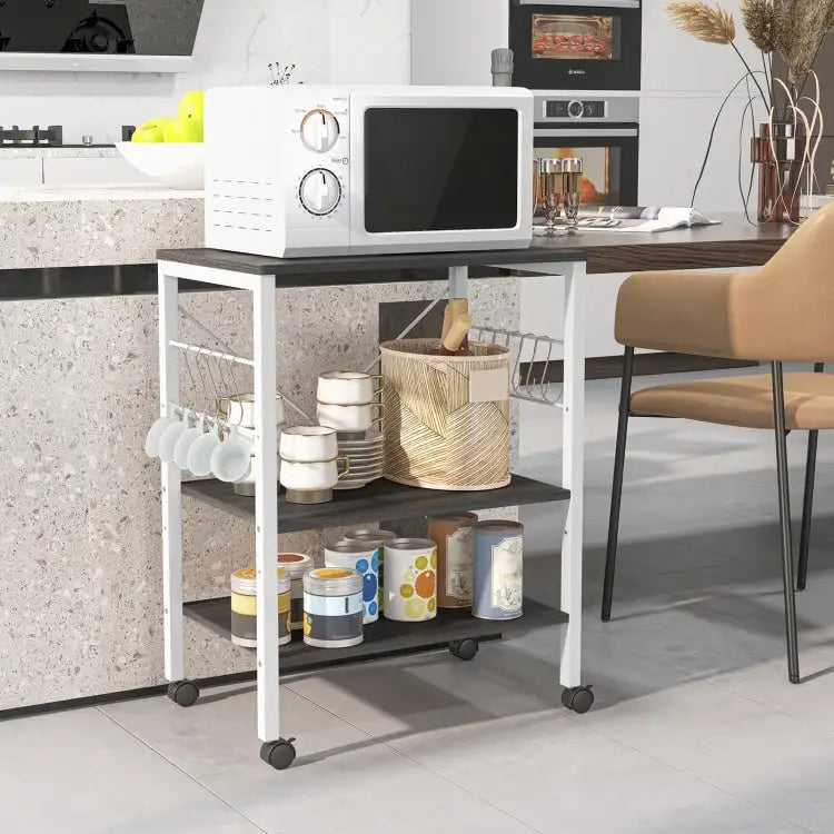 3-Tier Kitchen Baker's Rack Microwave Oven Storage Cart with Hooks - 23.5 x 16 x 29 (L x W x H)