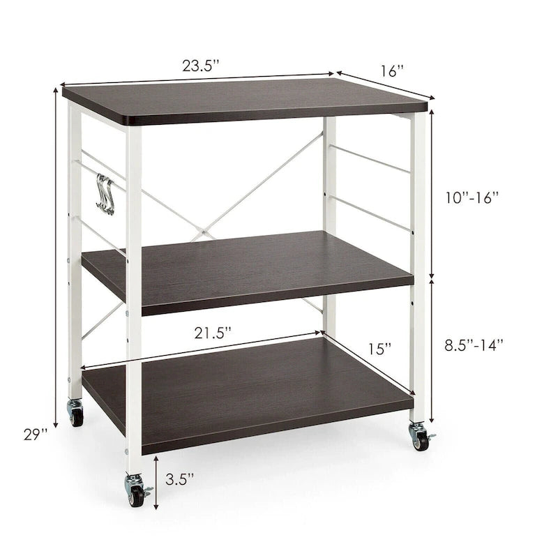 3-Tier Kitchen Baker's Rack Microwave Oven Storage Cart with Hooks - 23.5 x 16 x 29 (L x W x H)