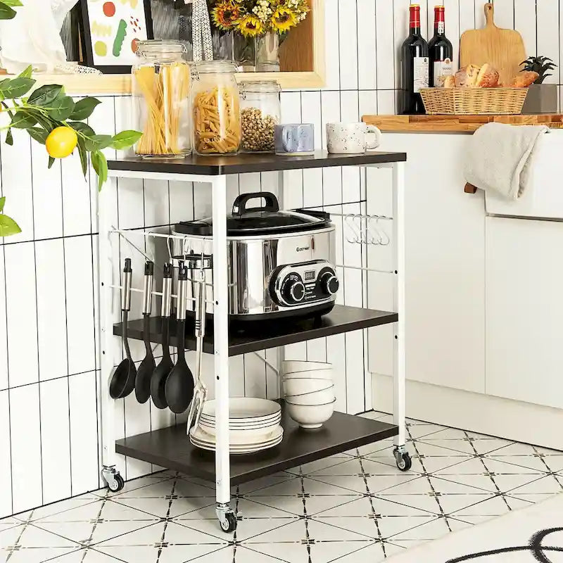 3-Tier Kitchen Baker's Rack Microwave Oven Storage Cart with Hooks - 23.5 x 16 x 29 (L x W x H)