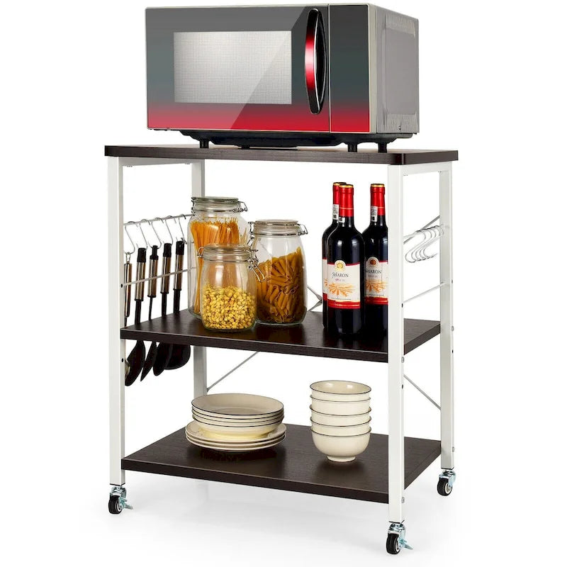 3-Tier Kitchen Baker's Rack Microwave Oven Storage Cart with Hooks - 23.5 x 16 x 29 (L x W x H)