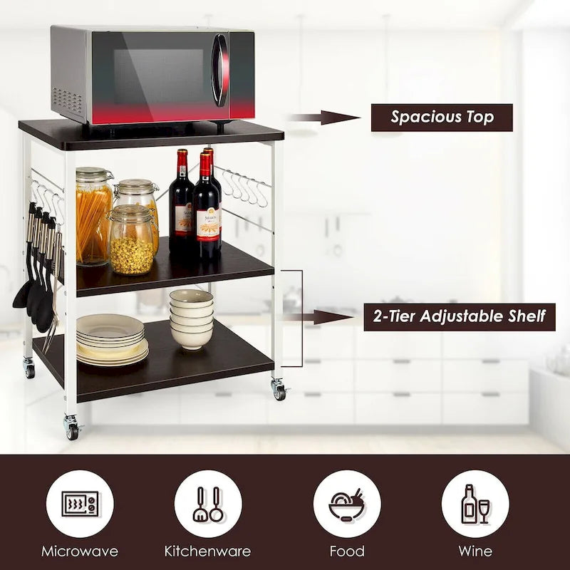 3-Tier Kitchen Baker's Rack Microwave Oven Storage Cart with Hooks - 23.5 x 16 x 29 (L x W x H)