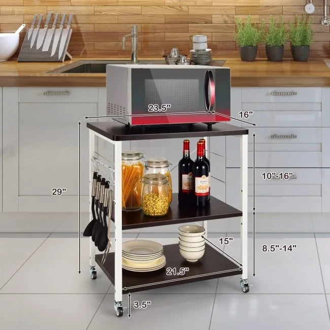3-Tier Kitchen Baker's Rack Microwave Oven Storage Cart with Hooks - 23.5 x 16 x 29 (L x W x H)