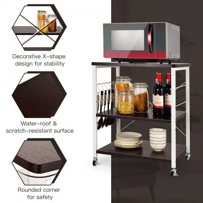 3-Tier Kitchen Baker's Rack Microwave Oven Storage Cart with Hooks - 23.5 x 16 x 29 (L x W x H)