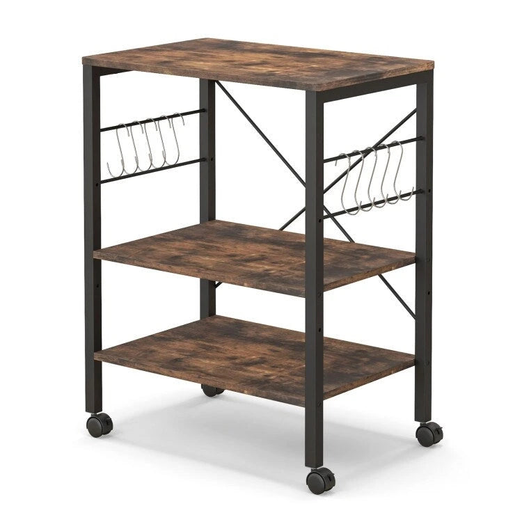 3-Tier Kitchen Baker's Rack Microwave Oven Storage Cart with Hooks - 23.5 x 16 x 29 (L x W x H)