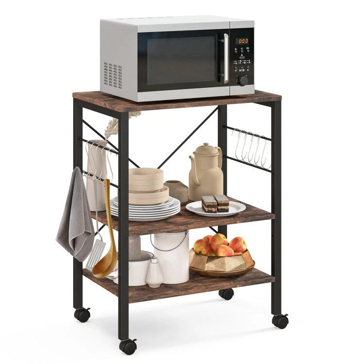 3-Tier Kitchen Baker's Rack Microwave Oven Storage Cart with Hooks - 23.5 x 16 x 29 (L x W x H)