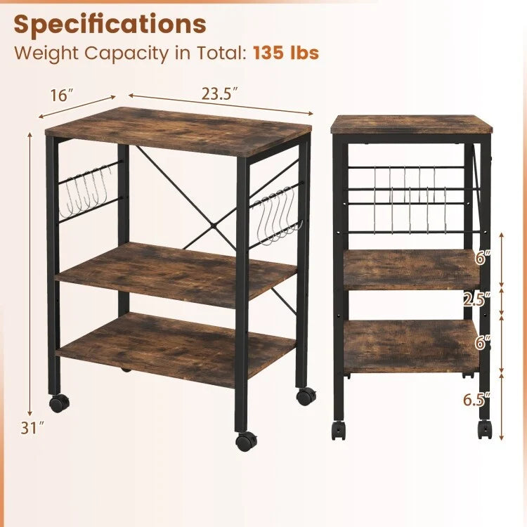 3-Tier Kitchen Baker's Rack Microwave Oven Storage Cart with Hooks - 23.5 x 16 x 29 (L x W x H)