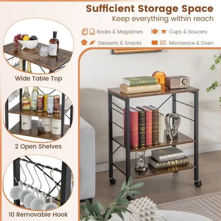 3-Tier Kitchen Baker's Rack Microwave Oven Storage Cart with Hooks - 23.5 x 16 x 29 (L x W x H)
