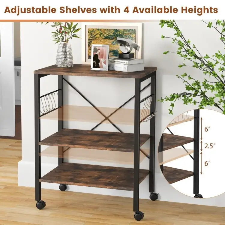 3-Tier Kitchen Baker's Rack Microwave Oven Storage Cart with Hooks - 23.5 x 16 x 29 (L x W x H)