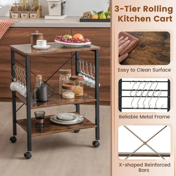 3-Tier Kitchen Baker's Rack Microwave Oven Storage Cart with Hooks - 23.5 x 16 x 29 (L x W x H)