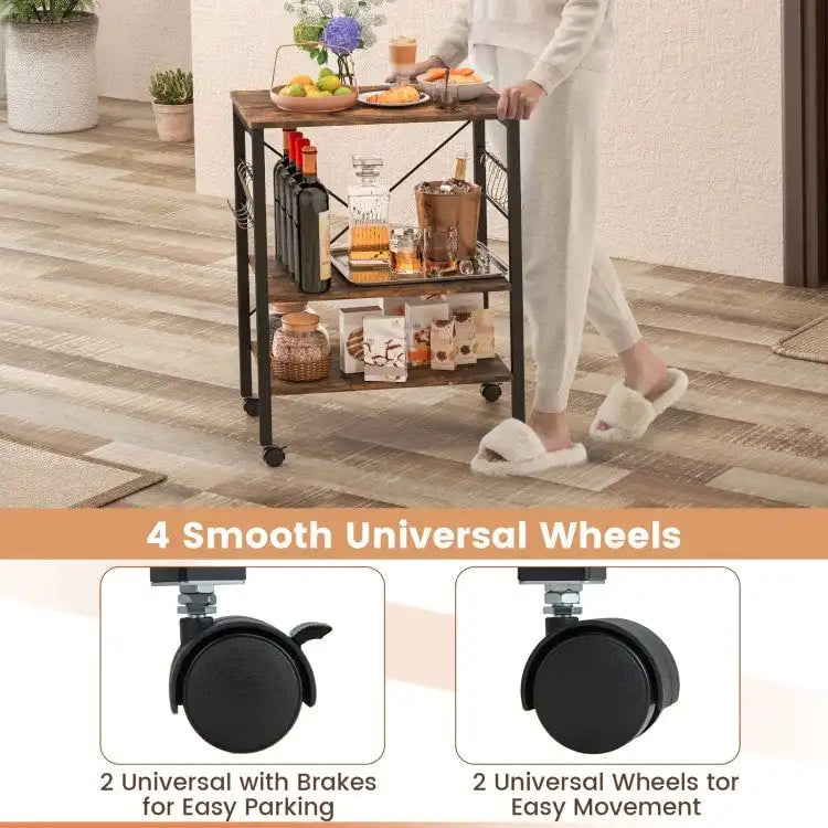3-Tier Kitchen Baker's Rack Microwave Oven Storage Cart with Hooks - 23.5 x 16 x 29 (L x W x H)