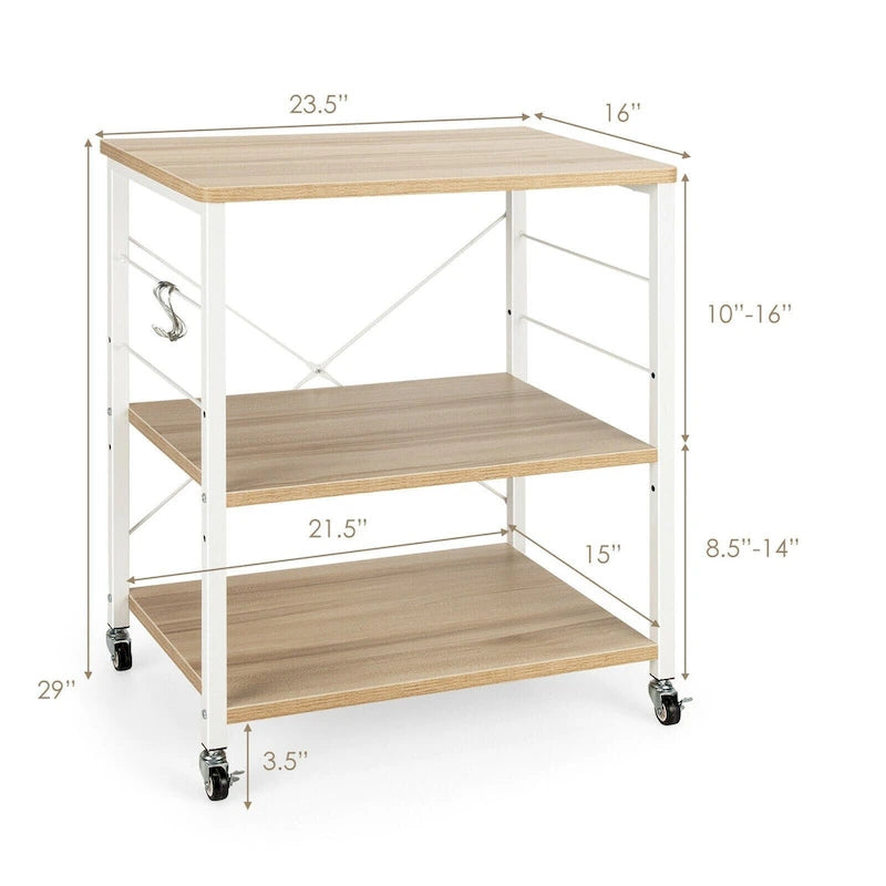 3-Tier Kitchen Baker's Rack Microwave Oven Storage Cart with Hooks - 23.5 x 16 x 29 (L x W x H)