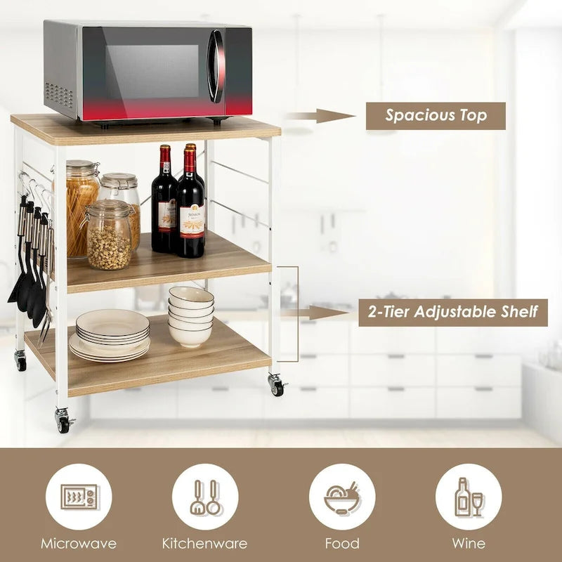 3-Tier Kitchen Baker's Rack Microwave Oven Storage Cart with Hooks - 23.5 x 16 x 29 (L x W x H)
