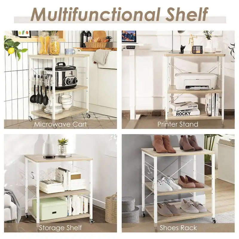 3-Tier Kitchen Baker's Rack Microwave Oven Storage Cart with Hooks - 23.5 x 16 x 29 (L x W x H)
